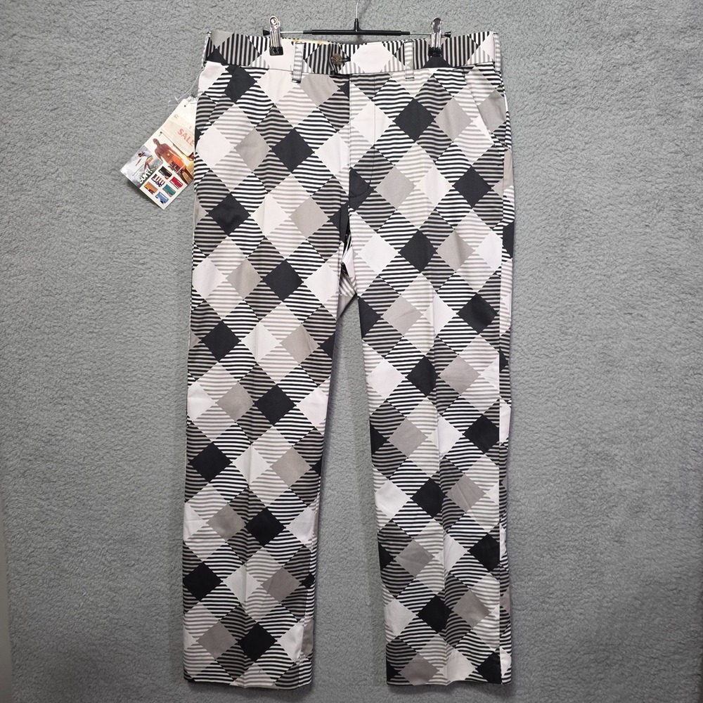 Loudmouth Golf Pants Mens 36x32 Silver Black White Striped‎ Stretch NWT